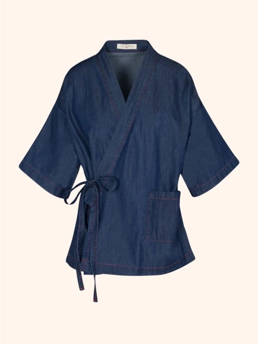 Denim-Style Wrap Blouse with Side Tie - Dark Blue
